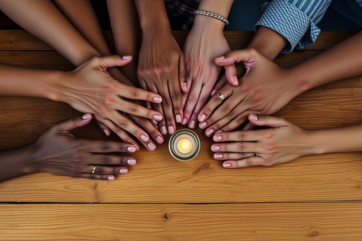 Hands of many people joined around a lit candle